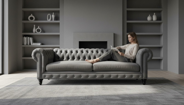 Trois places Chesterfield Meubles Créatifs Tissu Gris Living Room Moderne