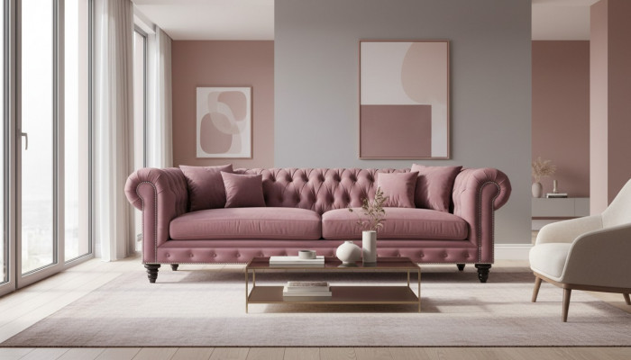Chesterfield Meubles Créatifs Tissu Rose Canapé Salon Moderne Trois Places