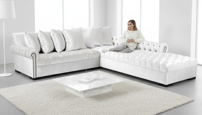 Canapé d'angle blanc en tissu Chesterfield Design Canapés Rembourrés Canapés en Tissu Mobilier de Luxe