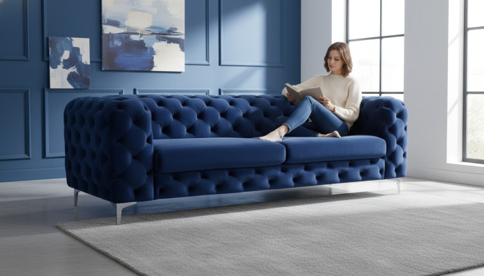 Chesterfield canapé trois places bleu, salon moderne, tissu en velours, meubles textiles, neuf.