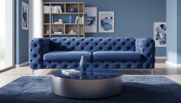 Chesterfield canapé trois places bleu, salon moderne, tissu en velours, meubles textiles, neuf.