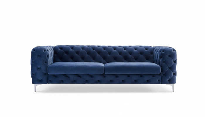 Chesterfield canapé trois places bleu, salon moderne, tissu en velours, meubles textiles, neuf.