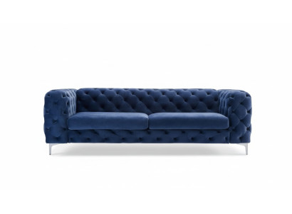 Chesterfield canapé trois places bleu, salon moderne, tissu en velours, meubles textiles, neuf.