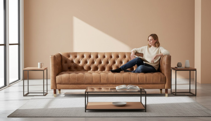 Canapé Chesterfield trois places marron xxl grand meuble cuir salon moderne neuf