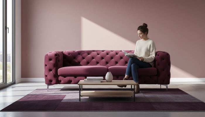 Canapé Chesterfield trois places bordeaux meubles créatifs tissu textile salon neuf