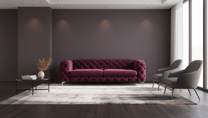 Canapé Chesterfield trois places bordeaux meubles créatifs tissu textile salon neuf
