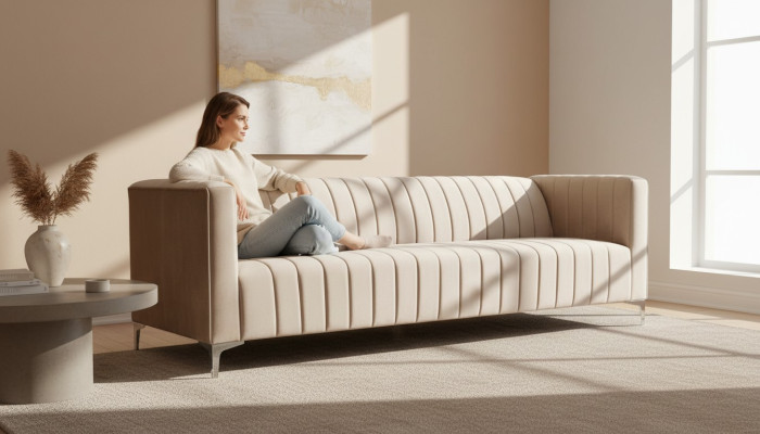 Tissu beige canapé trois places design salon canapés rembourrés canapé sofas velours beige