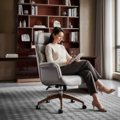 Chaise de bureau en cuir beige en acier inoxydable Mobilier de bureau de luxe Mobilier Neuf