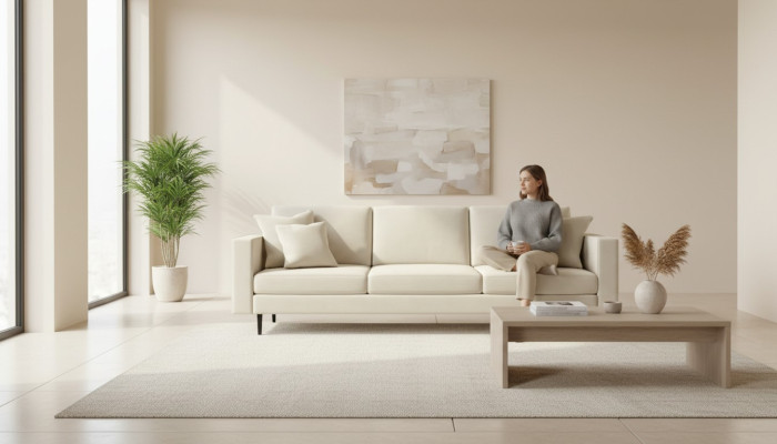 Canapé beige quatre places en tissu pour le salon, design de canapé, canapé rembourré, neuf tissu.