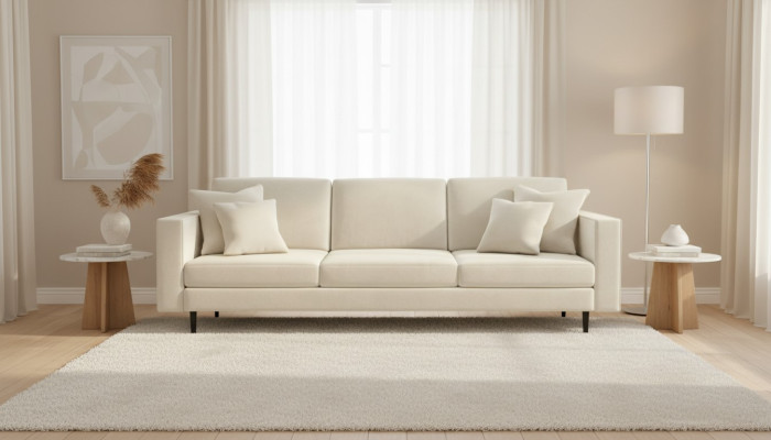 Canapé beige quatre places en tissu pour le salon, design de canapé, canapé rembourré, neuf tissu.