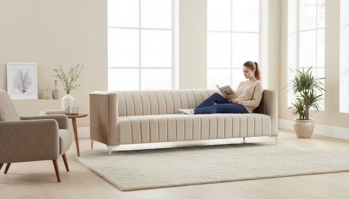 Canapé trois places beige en tissu pour salon, design de canapé rembourré en tissu.