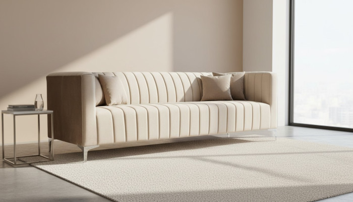 Canapé trois places beige en tissu pour salon, design de canapé rembourré en tissu.