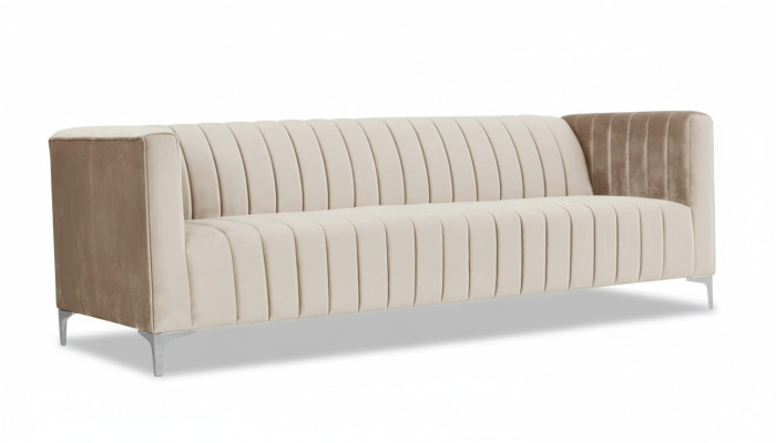 Canapé trois places beige en tissu pour salon, design de canapé rembourré en tissu.
