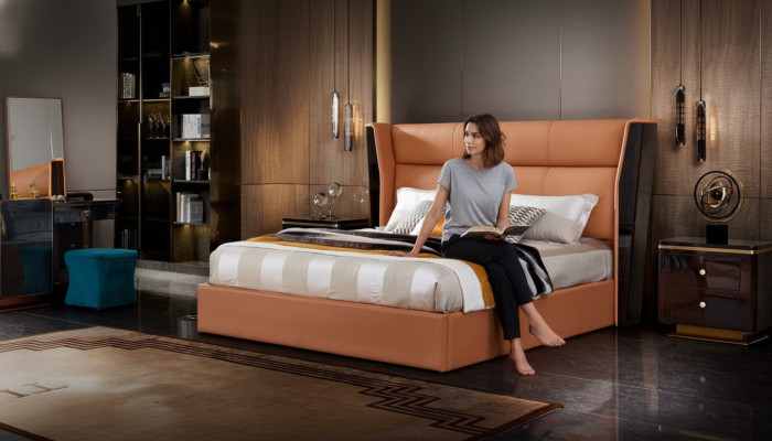 Lit en cuir Chambre à coucher Groupe de design de meubles 3 pièces. Ensemble de 2 tables de chevet