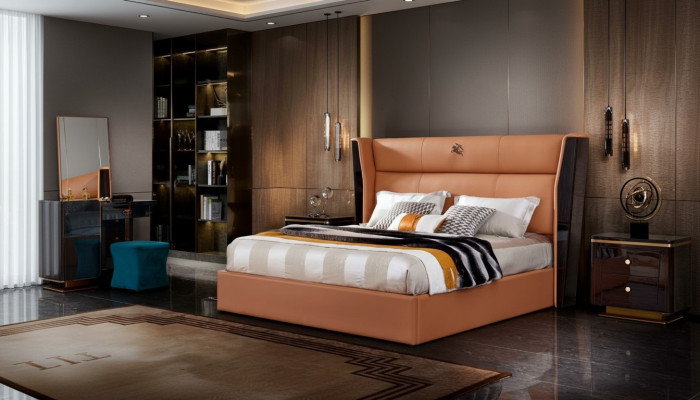 Lit en cuir Chambre à coucher Groupe de design de meubles 3 pièces. Ensemble de 2 tables de chevet