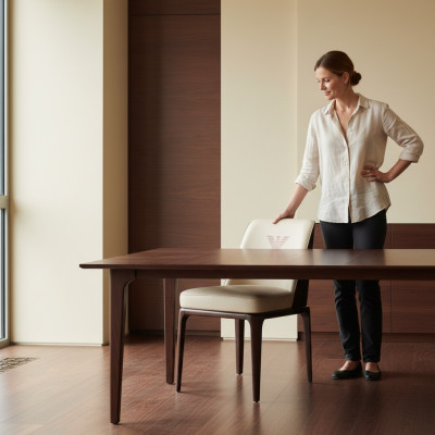 Chaise en cuir beige exquise pour salle à manger avec un style italien moderne.