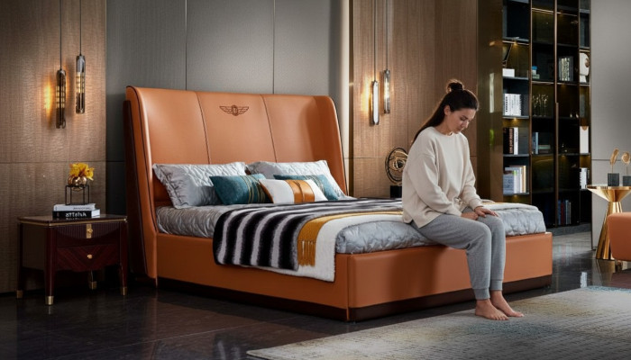 Lit 2 x Table de chevet Chambre Orange Créatif Mobilier Moderne en Bois Lits de Luxe