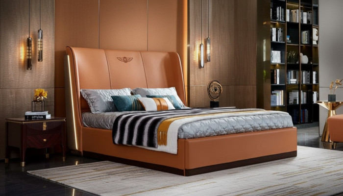 Lit 2 x Table de chevet Chambre Orange Créatif Mobilier Moderne en Bois Lits de Luxe