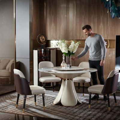 Table à dîner 6x chaises Salle à manger Table en cuir Chaise Ronde Design Moderne Meubles