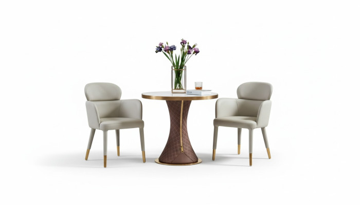 Table à manger, suite de fauteuils, chaises, ensemble de 3 pièces de mobilier de style italien.