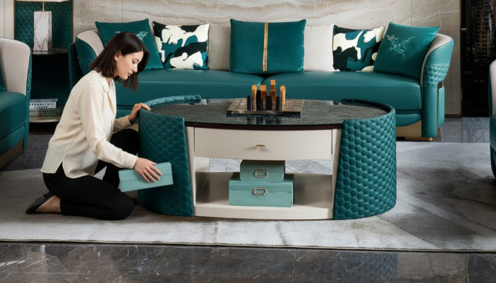 Table basse en bois et cuir turquoise ovale design moderne mobilier de luxe salon 140x83