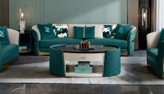 Table basse en bois et cuir turquoise ovale design moderne mobilier de luxe salon 140x83