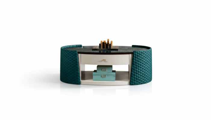 Table basse en bois et cuir turquoise ovale design moderne mobilier de luxe salon 140x83