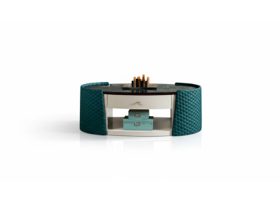 Table basse en bois et cuir turquoise ovale design moderne mobilier de luxe salon 140x83