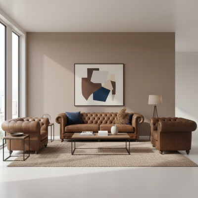 Canapé Chesterfield Braun+2 Fauteuils en Cuir Meubles Créatifs Neufs Salon Sofa