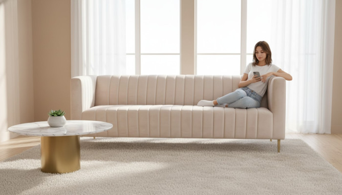 Canapé trois places beige en tissu rembourré, design de salon, nouveaux canapés modernes.