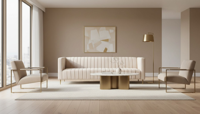 Canapé trois places beige en tissu rembourré, design de salon, nouveaux canapés modernes.