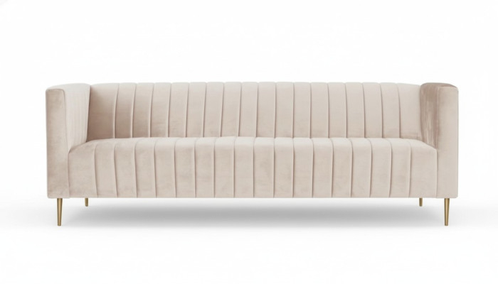 Canapé trois places beige en tissu rembourré, design de salon, nouveaux canapés modernes.