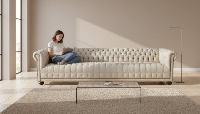 Canapés de design quatre places en tissu Chesterfield crème pour le salon