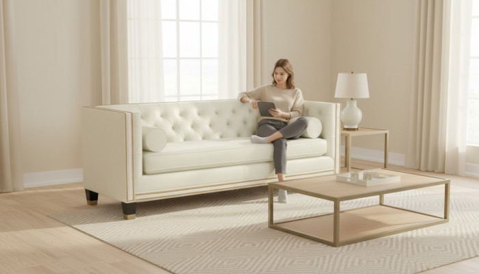 Canapé Chesterfield beige meubles cuir salon design moderne canapés neufs