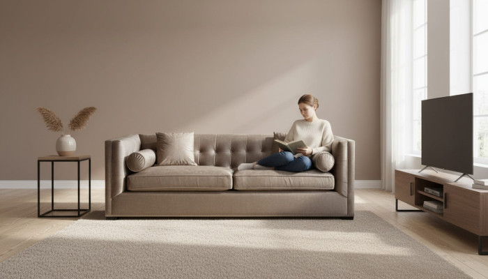 Canapé trois places en tissu Braun pour salon avec design Chesterfield.