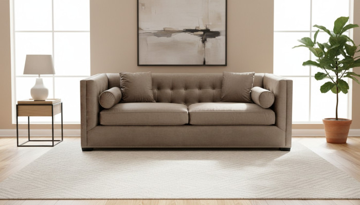 Canapé trois places en tissu Braun pour salon avec design Chesterfield.
