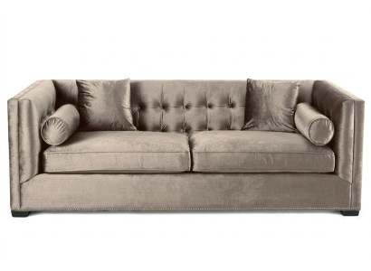 Canapé trois places en tissu Braun pour salon avec design Chesterfield.