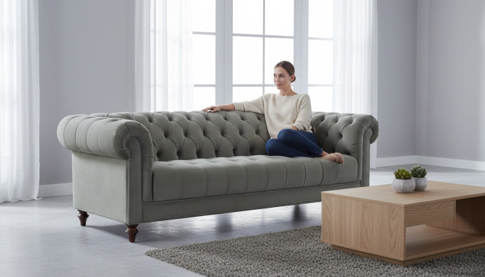 Sofa en tissu de salon trois places vert sauge design Chesterfield