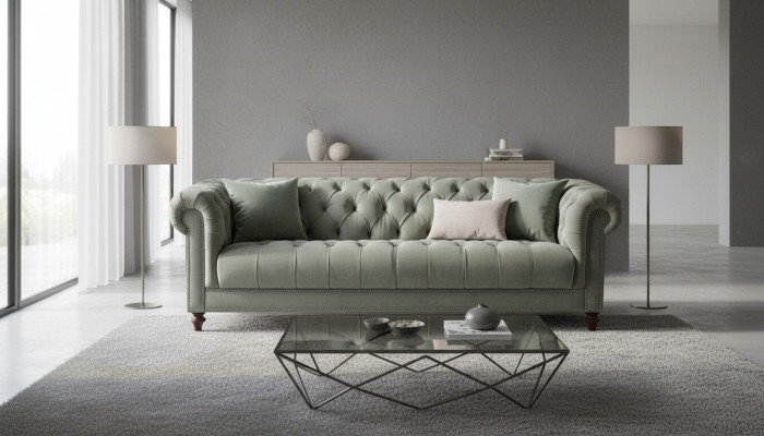 Sofa en tissu de salon trois places vert sauge design Chesterfield