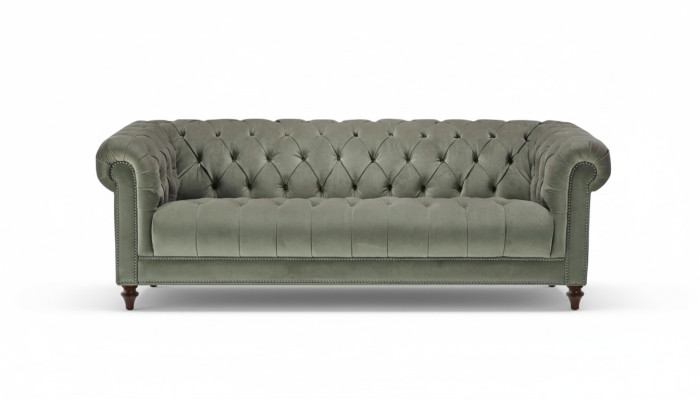 Sofa en tissu de salon trois places vert sauge design Chesterfield