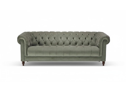 Sofa en tissu de salon trois places vert sauge design Chesterfield