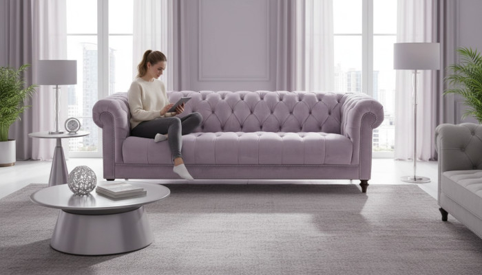Trois canapés design Chesterfield en tissu violet à trois places, canapés rembourrés en velours d'origine.