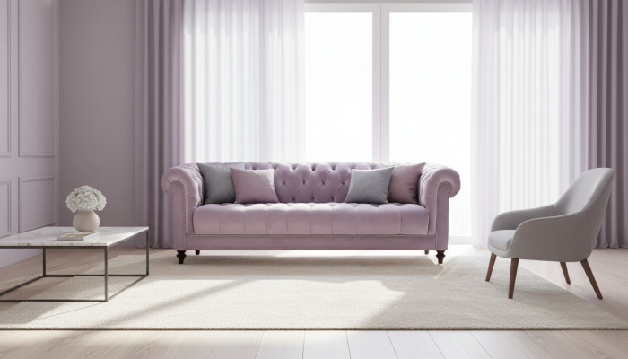 Trois canapés design Chesterfield en tissu violet à trois places, canapés rembourrés en velours d'origine.