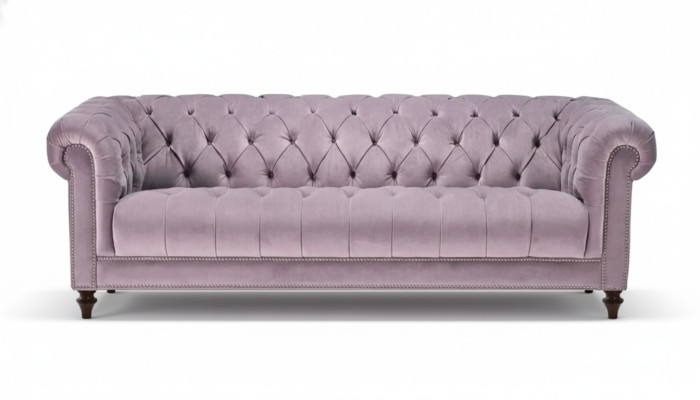Trois canapés design Chesterfield en tissu violet à trois places, canapés rembourrés en velours d'origine.