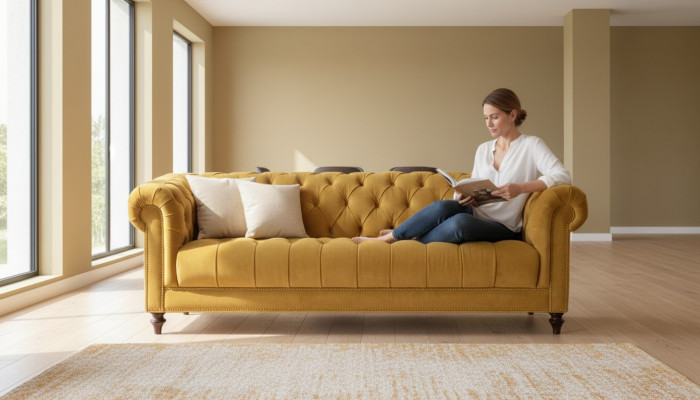 Trois canapés de salon jaunes en tissu 3 places Design Chesterfield en tissu de salon