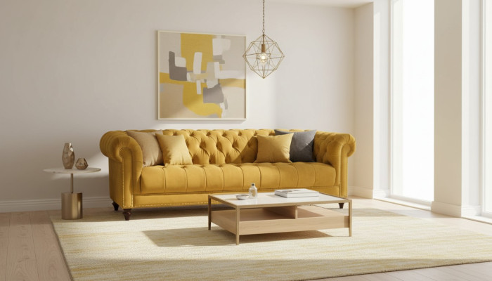 Trois canapés de salon jaunes en tissu 3 places Design Chesterfield en tissu de salon