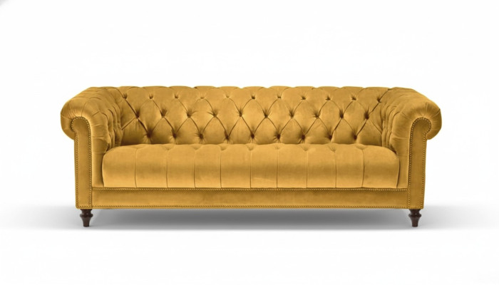 Trois canapés de salon jaunes en tissu 3 places Design Chesterfield en tissu de salon