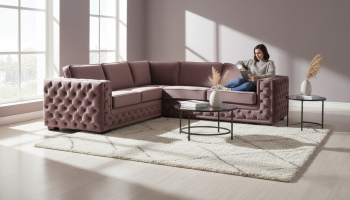Canapé d'angle en velours rose Paysage de vie Canapé ensemble d'angles Rembourrage Altrosa Design de meubles