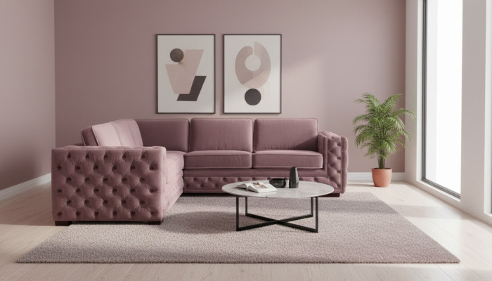 Canapé d'angle en velours rose Paysage de vie Canapé ensemble d'angles Rembourrage Altrosa Design de meubles