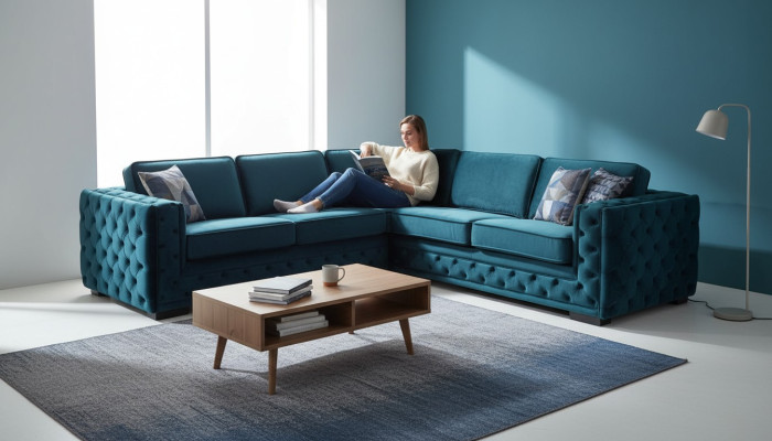Canapé d'angle vert Canapé paysage vivant Ensemble de coin Rembourrage Mobilier Design Chesterfield